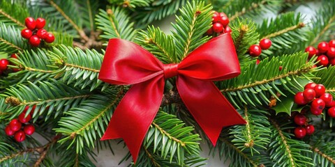 Colorful red ribbon bow tied around a Christmas tree branch with evergreen and holly leaves surrounding it, celebration, seasonal decor