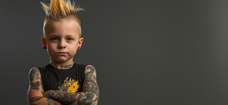 Punk-inspired child with tattoos and mohawk hairstyle showcasing individuality and confidence in a studio setting, copy space for text