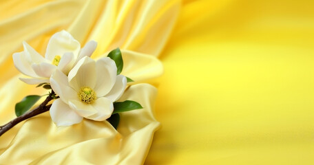 Fototapeta premium Branch with white flowers on yellow drapery with space for text