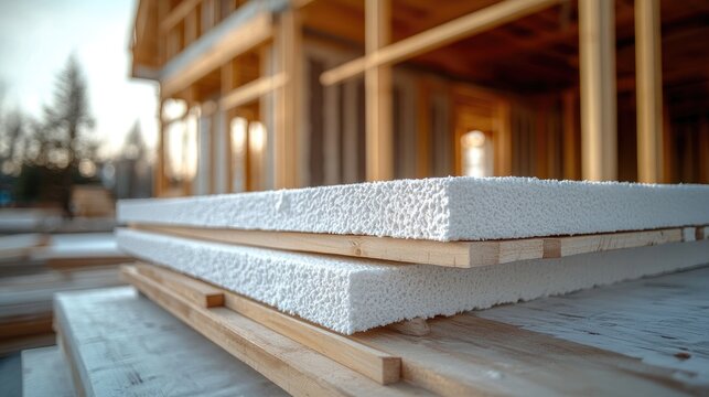 Close-up of polystyrene insulation boards preparing for house construction