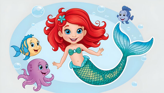 Fototapeta Captivating Mermaid with Pink Hair and Iridescent Shiny Scales in Vibrant Aquamarine, mermaid in the water, Cute mermaid interacts with marine life characters in an underwater fantasy world