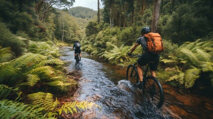 Cyclists riding mountain bikes through lush forest river trail