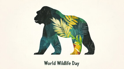 Naklejka premium Minimalist design featuring a black and green gorilla silhouette promoting World Wildlife Day for wildlife awareness