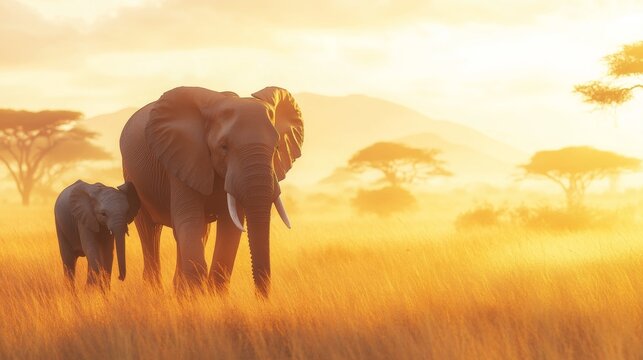 A mother elephant and her calf stroll through golden grass at sunset in the peaceful African savanna