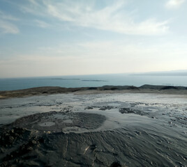 Active mud volcano in Azerbaijan. Absheron Peninsula. Crater of the mud volcano.
