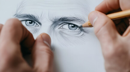 A close-up of a hand sketching detailed eyes on paper, showcasing the artistry and precision involved in pencil drawing.