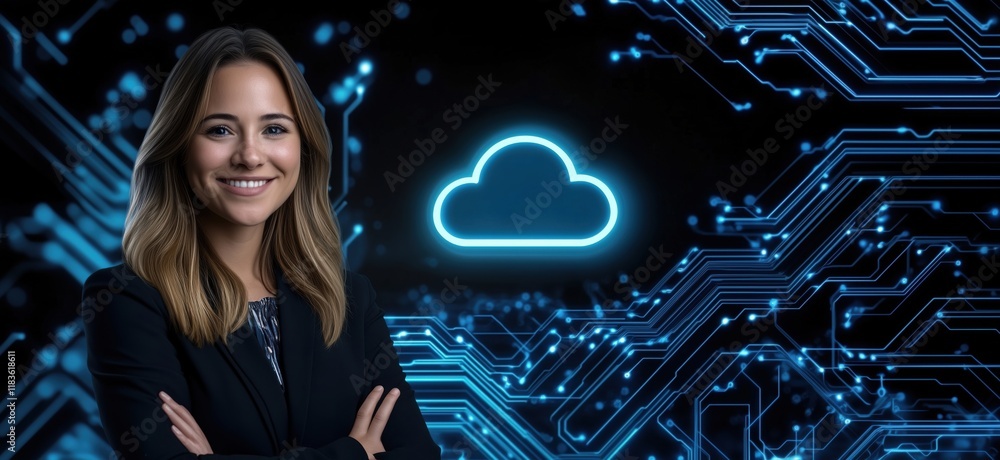Poster cloud computing professional with technology background, smiling confidently, showcasing digital cir