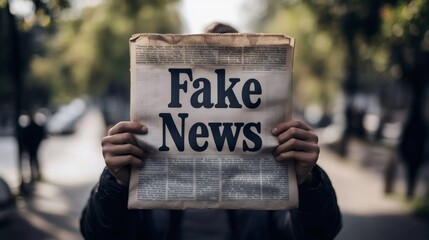 Journalist showing fake news newspaper covering face in city street