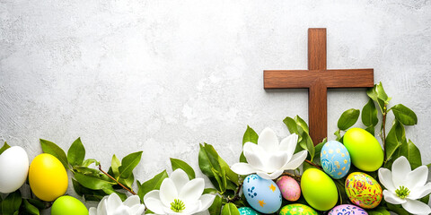 Easter Christian background with cross, colorful eggs and flowers with space for text