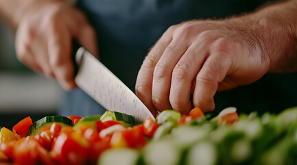 A close-up of hands chopping colorful vegetables on a cutting board, showcasing the art of cooking and food preparation.