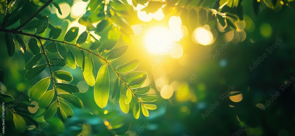 Poster sunlight filtering through lush green leaves, creating a warm and inviting atmosphere in nature, cop