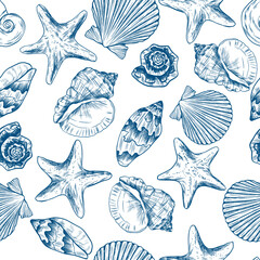 Toile de jouy seashells pattern. Colorful seamless shells and starfish pattern. Perfect for greetings, invitations, manufacture wrapping paper, textile and web design. Vector ocean pattern.