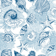 Toile de jouy seashells pattern. Colorful seamless shells and starfish pattern. Perfect for greetings, invitations, manufacture wrapping paper, textile and web design. Vector ocean pattern.