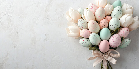 Easter background: bouquet of colorful eggs and flowers with space for text