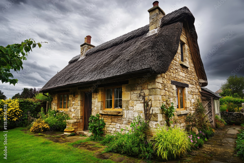 Wall mural Charming stone cottage with thatched roof in a lush garden setting