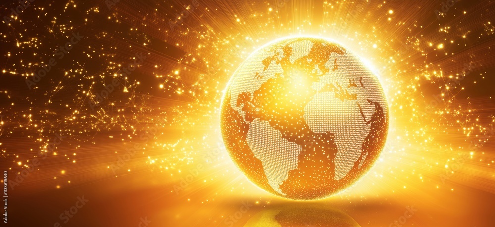 Poster glowing earth sphere with sparkling golden lights and dots representation of global connectivity and