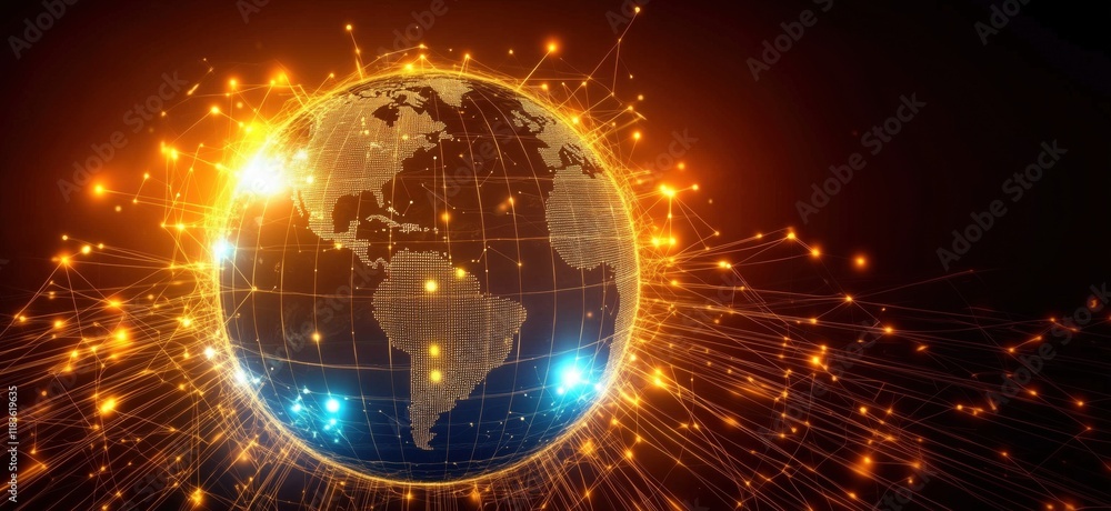Poster glowing earth with network connections and data streams representing global connectivity and technol