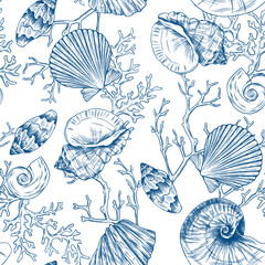 Toile de jouy  seashell pattern. Colorful seamless shells and coral pattern. Perfect for greetings, invitations, manufacture wrapping paper, textile and web design. Vector ocean pattern.