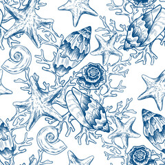 Toile de jouy seashells pattern. Colorful seamless shells and starfish pattern. Perfect for greetings, invitations, manufacture wrapping paper, textile and web design. Vector ocean pattern.