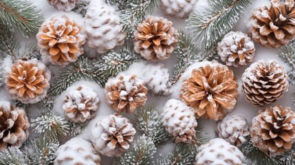 Christmas background with snowy pine cones and fir branches creating festive atmosphere