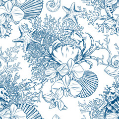 Toile de jouy crab and seahorse pattern. Colorful seamless ocean pattern. Perfect for greetings, invitations, manufacture wrapping paper, textile and web design. Vector sea pattern.