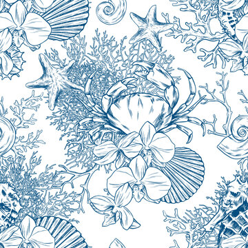 Toile de jouy crab and seahorse pattern. Colorful seamless ocean pattern. Perfect for greetings, invitations, manufacture wrapping paper, textile and web design. Vector sea pattern.