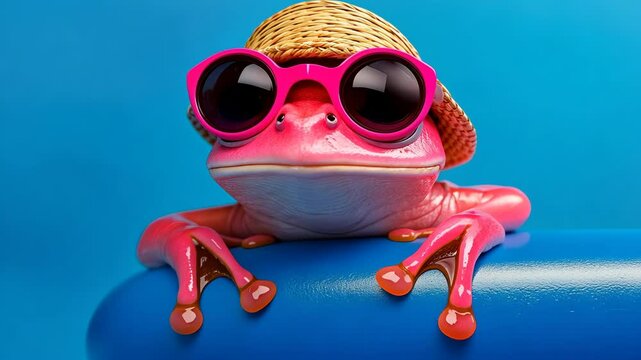 Frog wearing sunglasses and a pink hat is laying on a blue beach ball. The image has a fun and playful mood, as the frog is dressed up in a beach-like outfit and he is enjoying a day at the beach