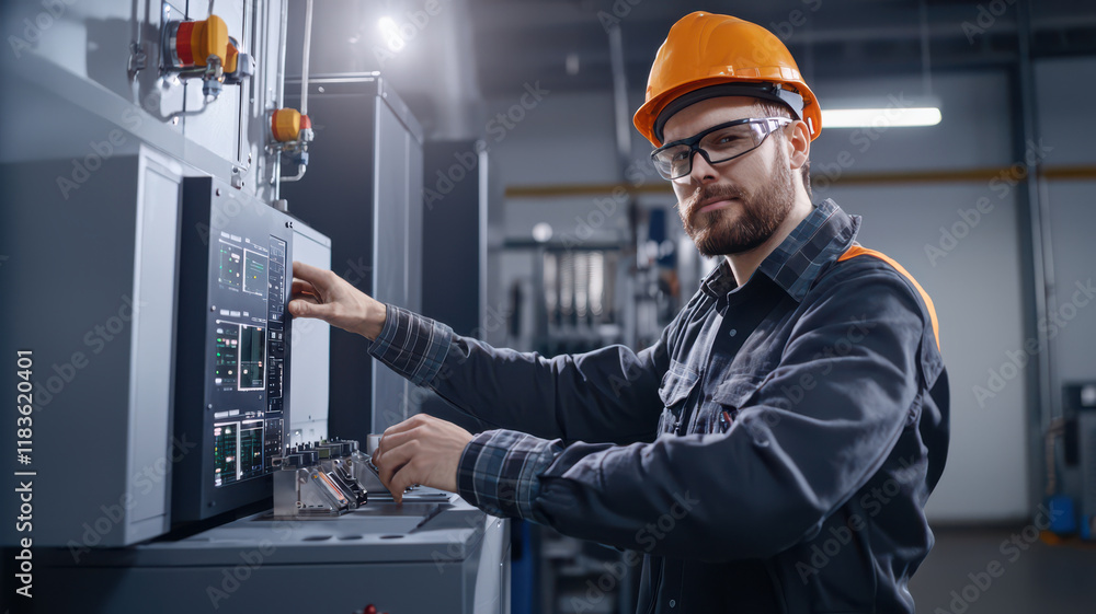 Poster engineer examining control systems in refinery with focus and precision