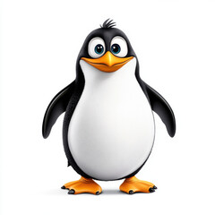 Fototapeta premium A cheerful penguin smiles, standing proudly against a white backdrop. Its bright eyes and orange feet add to its charm.