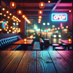 A close-up shot of a wooden table with a blurred bokeh background, featuring neon lights and a dark interior setting, creating a night view ambiance

