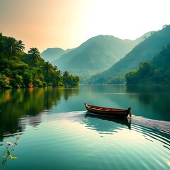 Obraz premium Serene Mountain Lake with Wooden Boat at Sunrise