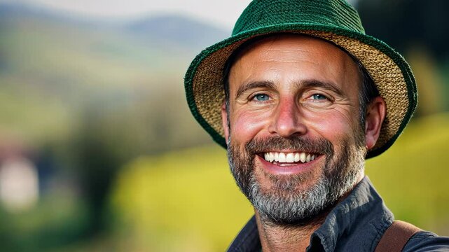 Man with a green hat and a smile on his face. He is wearing a green hat and a black shirt