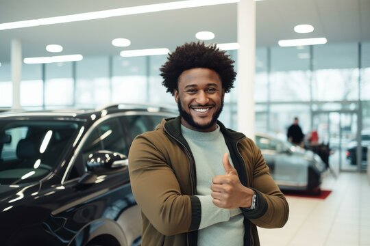Smiling customer showing thumbs up while buying new car in auto showroom