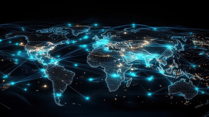 Obraz premium Abstract digital map of the world with glowing connections and blue lights representing a global network