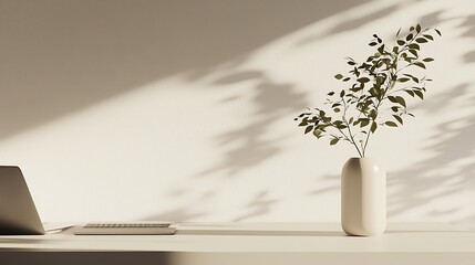 A white vase with a plant in it sits on a desk next to a laptop