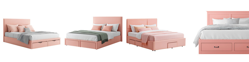 Cozy and Contemporary Pink and Gray Minimal Bedroom Design with Plush Mattress Comfortable Bedding and Convenient Storage Drawers for a Relaxing and Stylish Living Space