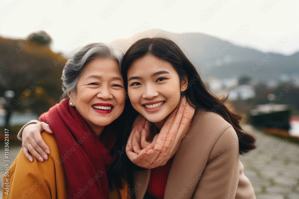 Wall mural Elderly asian woman and young lady hugging and smiling in a park during a cloudy day