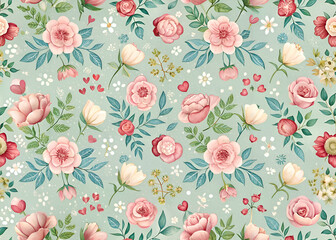Romantic Floral Pattern. Delicate Pink Flowers and Green Leaves
