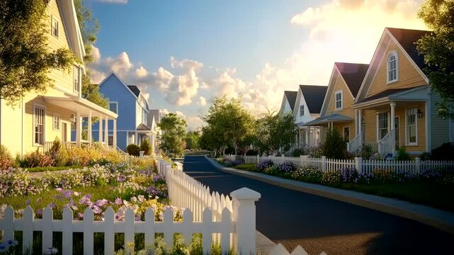 Residential neighborhood street with colorful houses under sunset sky. Housing concept