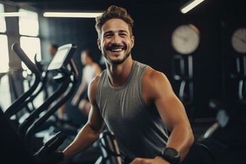 Smiling sportsman exercising on elliptical bike at fitness center
