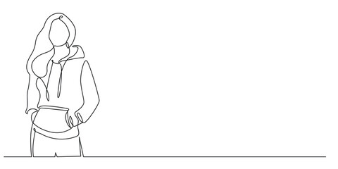 continuous line drawing of woman wearing hoodie jacket.one line drawing of woman hoodie clothing.single line vector illustration.isolated white background