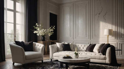 Elegant modern living room with luxury couch black and white design and large glass windows Contemporary Interior Design Inspiration