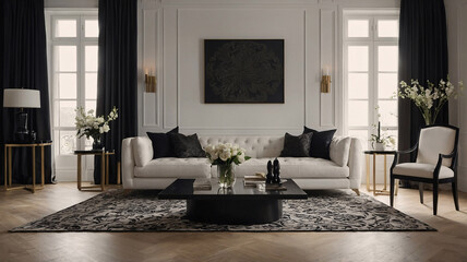 Elegant modern living room with black and white accents and large expansive windows Contemporary Interior Design Inspiration © SecretCanvas