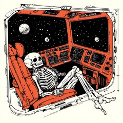 Obraz premium Skeleton Astronaut in Spacecraft Cockpit