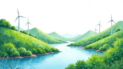 Serene landscape featuring a winding river valley, lush green hills, and several wind turbines generating clean energy.