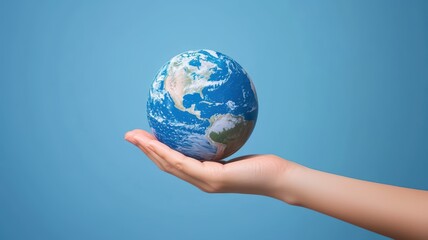 A hand holds a small globe against a blue background, symbolizing care for the Earth and global awareness.