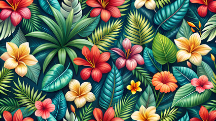 Tropical Flowers and Lush Foliage Seamless Pattern