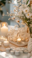 Soft candlelight flickers across a tranquil spa setting adorned with delicate flowers and rich mocha mousse, inviting relaxation and rejuvenation. A peaceful escape awaits