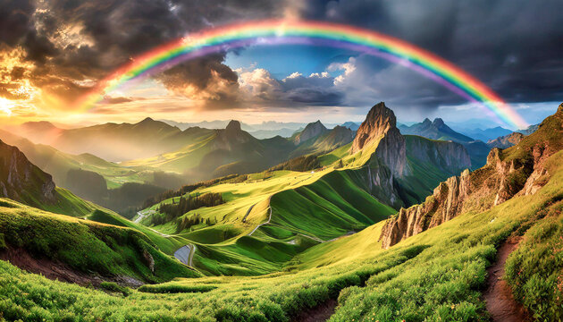 Paisaje de monta&ntilde;as verdes con un arco iris y nubes de tormenta
