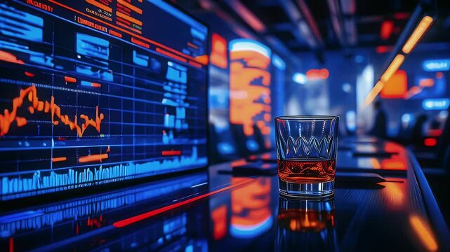 A glass of drink sits on a table beside a digital screen displaying data graphs.